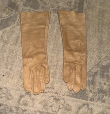 Vtg Grandoe Tan Beige Soapable Leather Mid Length Gloves Womens Size 7