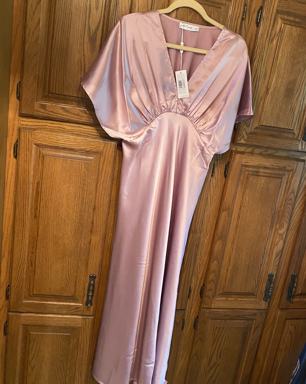 Pleated V-Neck Satin Maxi Dress