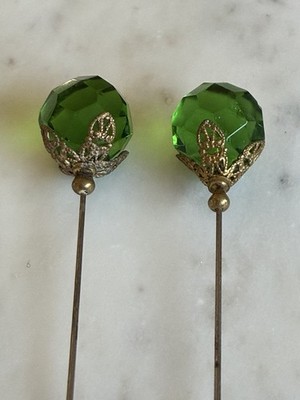 Two Vintage Green Facet Cut Crystal Glass 4  Stick Pins