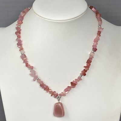 Glass Pendant Necklace Pink Iridescent Faux Quartz Chip Beads Y Drop Collar 18''