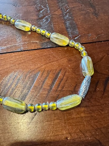 Timeless Vintage Yellow Glass Beaded Necklace 68" Long Barrel Beads Silver Space - Picture 3 of 9