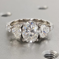 3CT Oval Cut Real Moissanite Three Stone Engagement Ring 14K White Gold Plated