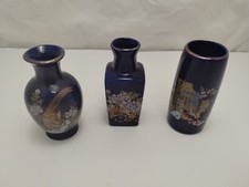 Set Of 3 Miniature Blue Cobalt Gold Design Vases 3-4” Asian Art Made In Japan