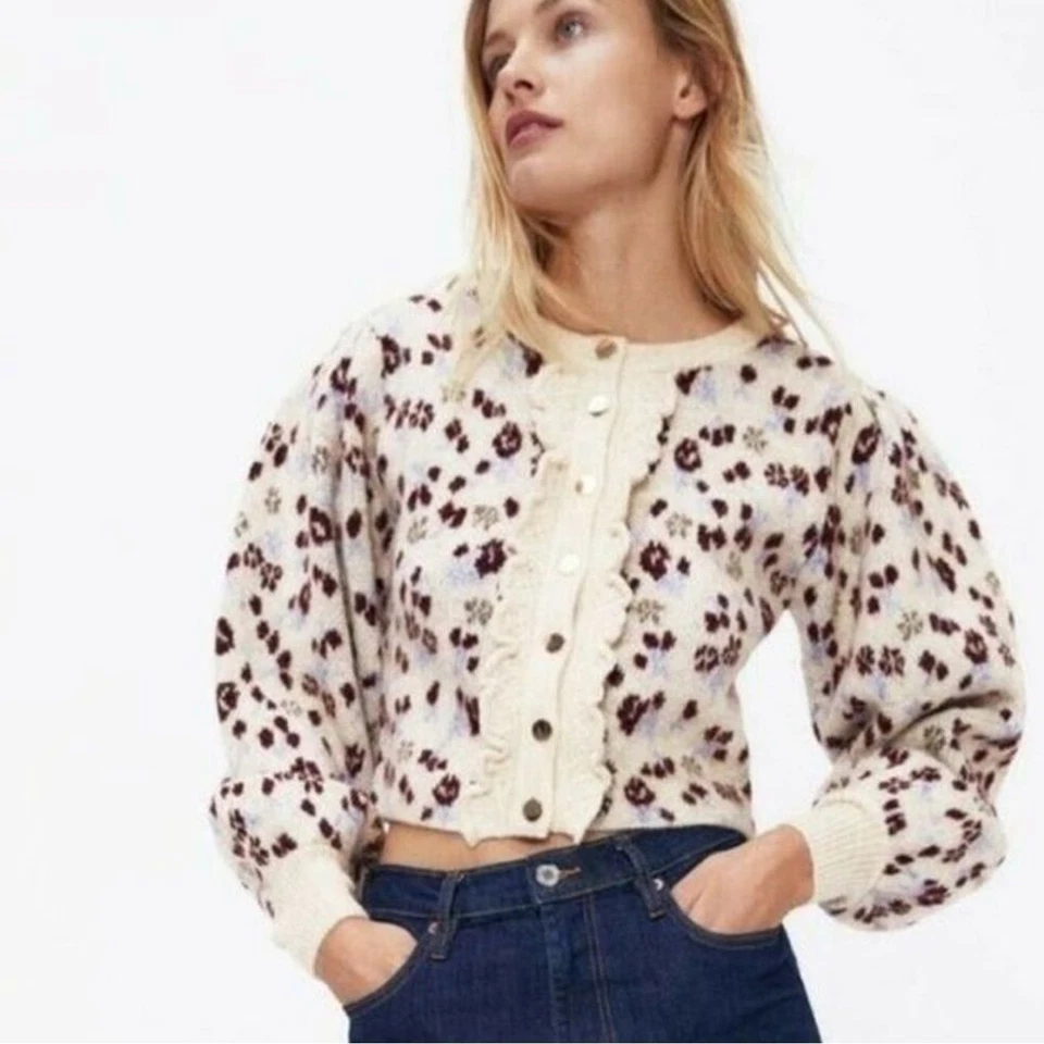 Zara Jacquard Floral Knit Balloon Sleeve Cropped Cardigan size Small