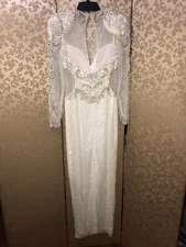 Oleg Cassini Off White Floral Beaded Long Wedding Pageant Gown Dress Size 8