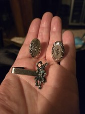 Vintage Mardi Gras Man Tie Clip And Fleur De Lis Cufflinks