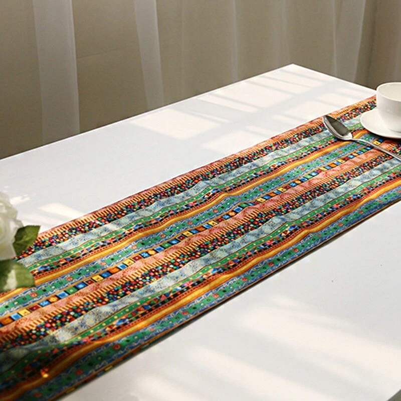 Ethnic Table Runner Boho Tasseled Edges Tablecloth Cotton Linen Table Cover - Image 2 of 4