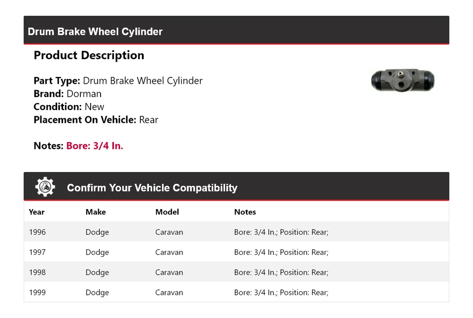 Cilindro trasero de rueda de freno de tambor para Dodge Caravan Dorman 1996-1999 1997 1998 Foto 2 de 4