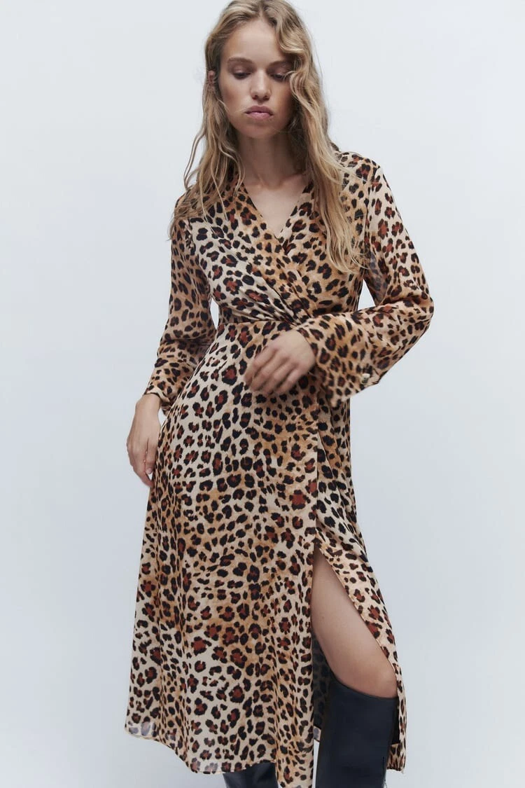 ZARA 2023 ANIMAL PRINT MIDI DRESS SIZE M BLACK BROWN NEW