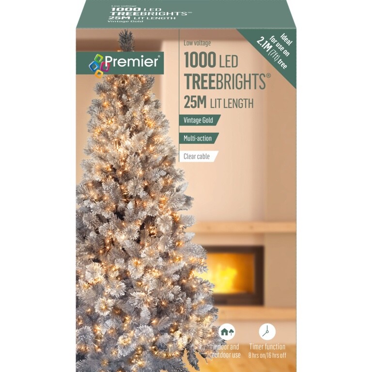 Premier 1000 LED TreeBrights Christmas Tree Light Timer Clear Cable VINTAGE GOLD