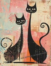 Two Black Cats Pink Abstract Atomic Mid Century Modern Giclée Art Print 8.5X11