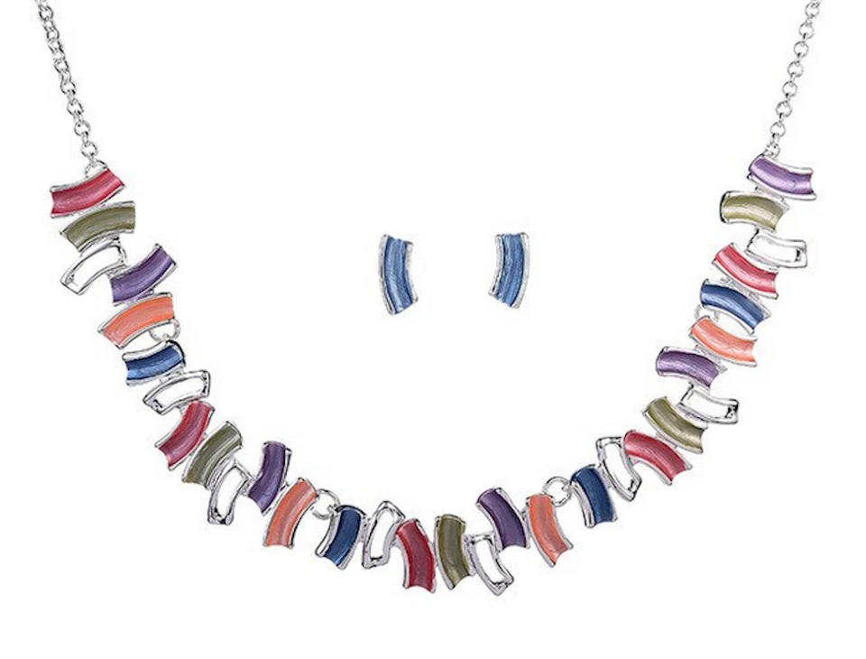 SCHMUCKSET DAMEN SILBER HALSKETTE COLLIER OHRRINGE VERSILBERT ROSA LILA BUNT NEU - Bild 1 von 1