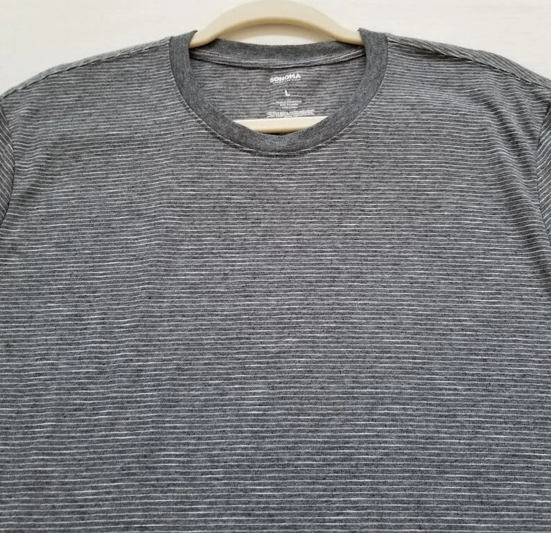 Sonoma T 恤男式 L 灰色白色条纹短袖圆领弹力 T 恤 — 第 2/4 张图片