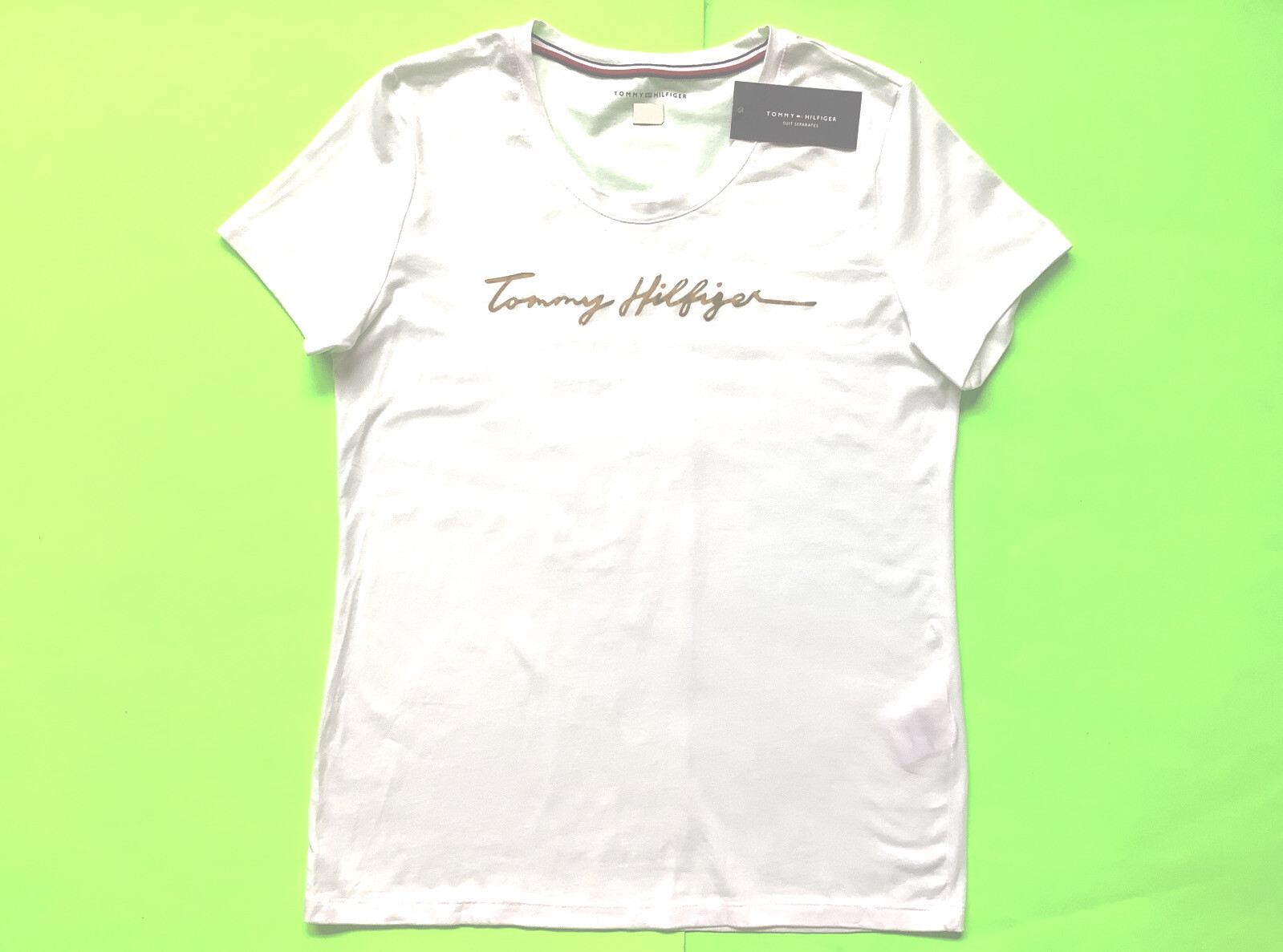 TOMMY HILFIGER Women’s Short Sleeve T-Shirt X-LARGE White w/Gold MSRP $49 NEW