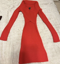 Red Off Shoulder Ribbed Knit Sweater Dress S Stretch Bodycon Knee Long Sleeve