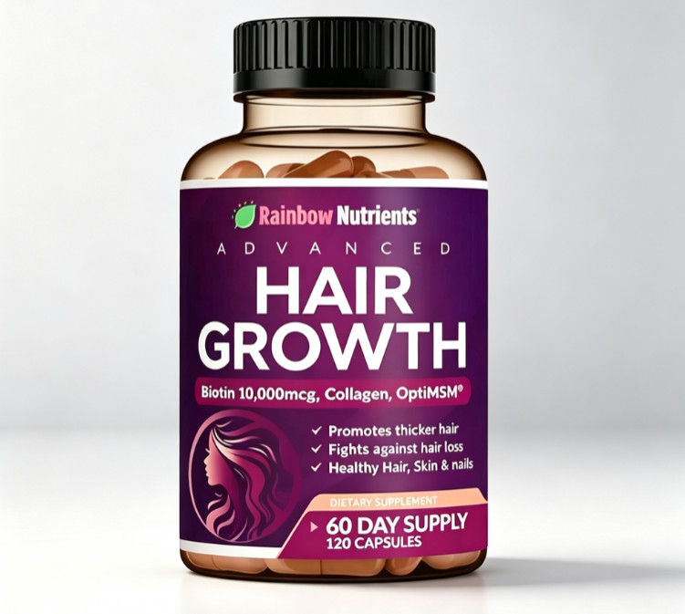 Rainbow Nutrients Advanced Hair Support - Biotin 10,000mcg+Collagen,120 Capsules