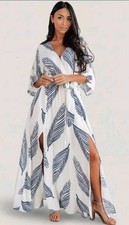 Baltic Born M Corinth Maxi Dress Navy White Leaf Feather Print Flowy Slits