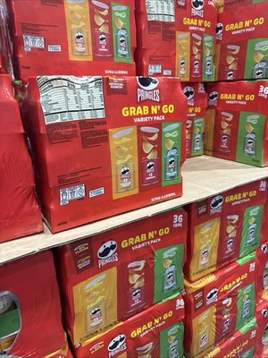 Pringles Grab N' Go Variety Pack Chips, 36 Cans, Cheddar/Original/Sour Cream