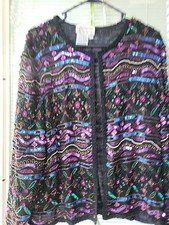Papell Boutique Evening Vintage Jacket Silk Bead Sequin 80s XL Heavily Beaded