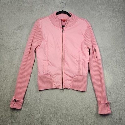 J.J. Basics Vibrant Pink Puffer/Ribbed Knit Slvs Full Zip Sweater Jacket Sz L
