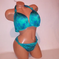 Victoria Secret Swim Bikini 38DD Top XL Bottom Blue Push Up Tropical Halter New