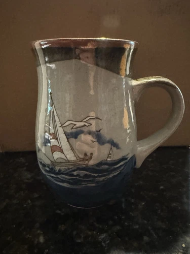 Vintage Handcrafted Sailboat Stoneware Mug Cup Otagiri Japan