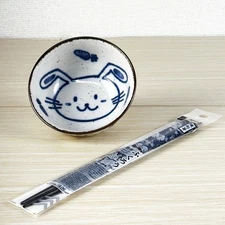 Japanese Mino Ware Rice Bowl & Chopsticks Set | Cute Rabbit | Made in Japan