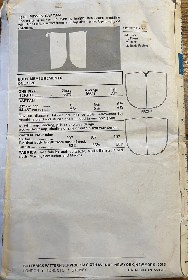 Butterick 4840 Caftan Kaftan Loose Loungewear Maxi Dress UNCUT Sewing Pattern - Image 4 of 4