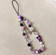 Purple Beaded Flower Butterfly Phone Charm Chain Pendant For iPhone Universal