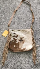 Bacci Leather And Cowhide Fringe Crossbody Purse W/Cross  & A Shoulder Strap NWT