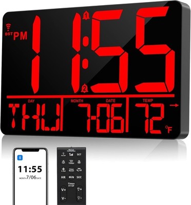 13 Inch Bluetooth Auto Sync Wall Clock Large Digital Alarm Remote 12/24H Red