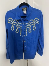 Bob Mackie Wearable Art Size Large BLUE Button DESIGN Down Shirt Top