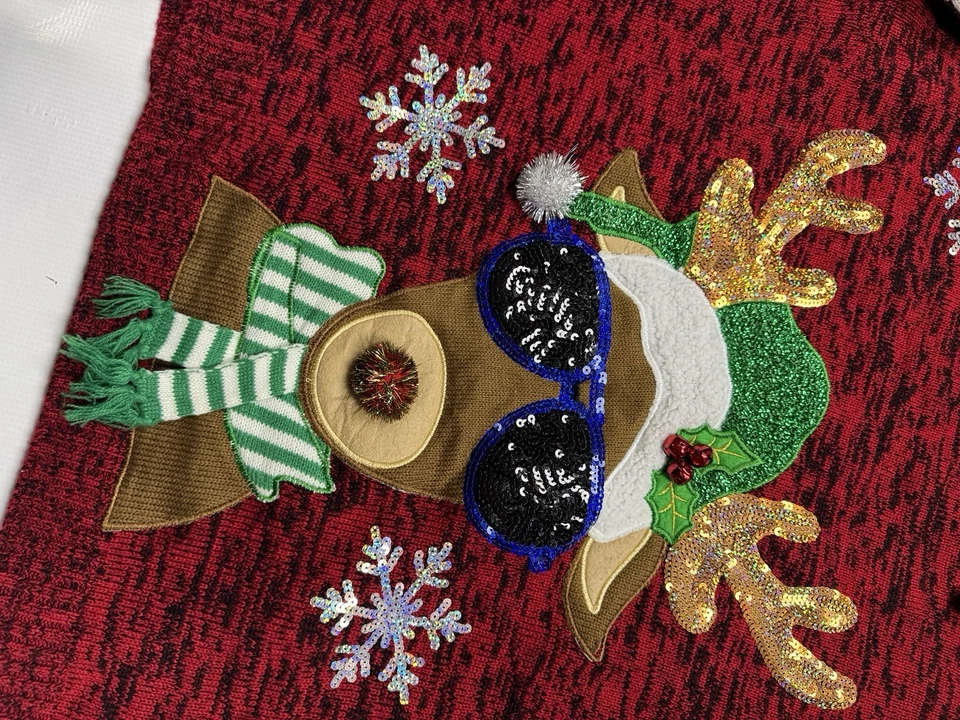 United States Sweaters holiday Womens 2x Sequin Pom Nose Reindeer Red  Jingle - Image 2 of 4