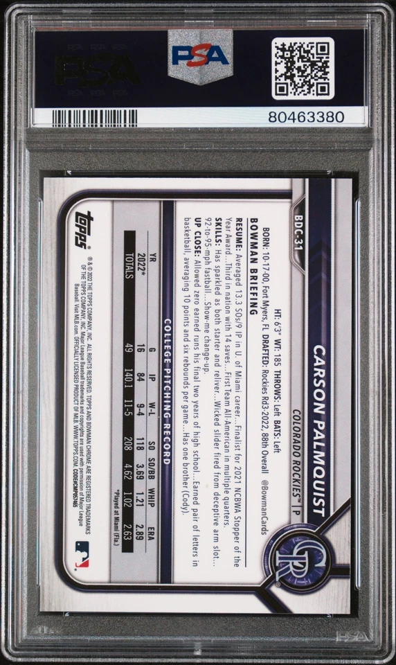 2022 1st Bowman Draft Sapphire RED RC Carson Palmquist #BDC-31 PSA 9! Rockies /5 - Image 2 of 2
