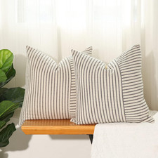 Set of 2 Farmhouse Throw Pillow Covers 18 x 18 Striped Linen Decorative Pillows