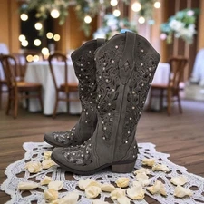 Redtop Ballou Cowgirl Boots Rhinestones Cutouts Embroidered Western Black US 6