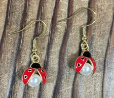 Ladybug enamel red black faux pearl earrings 925 Silver gold plate hook pierced