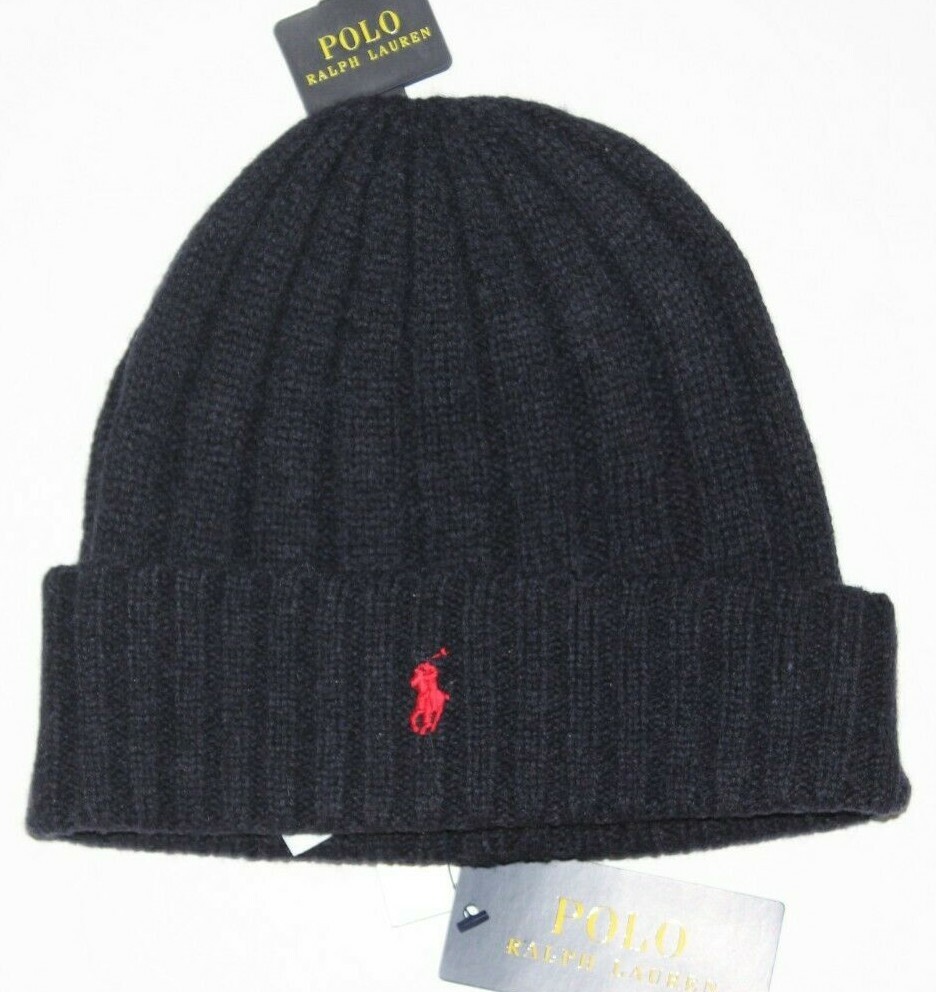 Cappello berretto Polo Ralph Lauren uomo rosso navy pony logo lana polsino a costine nuovo