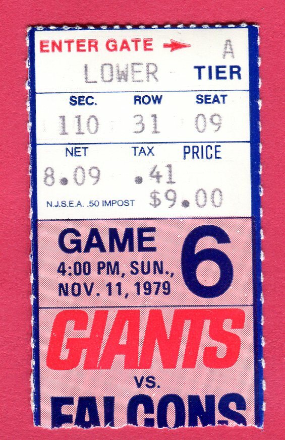 11/11/79 GIANTS/FALCONS TICKET STUB-PHIL SIMMS 7TH CAREER GM PLAYED-155 YDS/1 TD