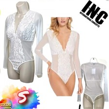NWT INC Womens S Long-Sleeve Lace Mesh Bodysuit White 100082360 50