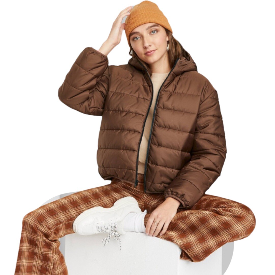 Women's Hooded Puffer Jacket Brown Size 