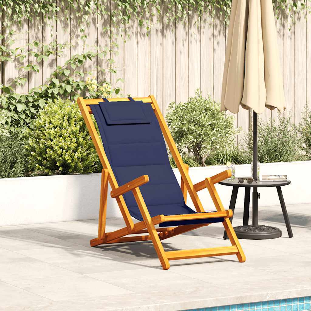 vidaXL Folding Beach Chair with Armrests Blue Acacia Wood & Textilene