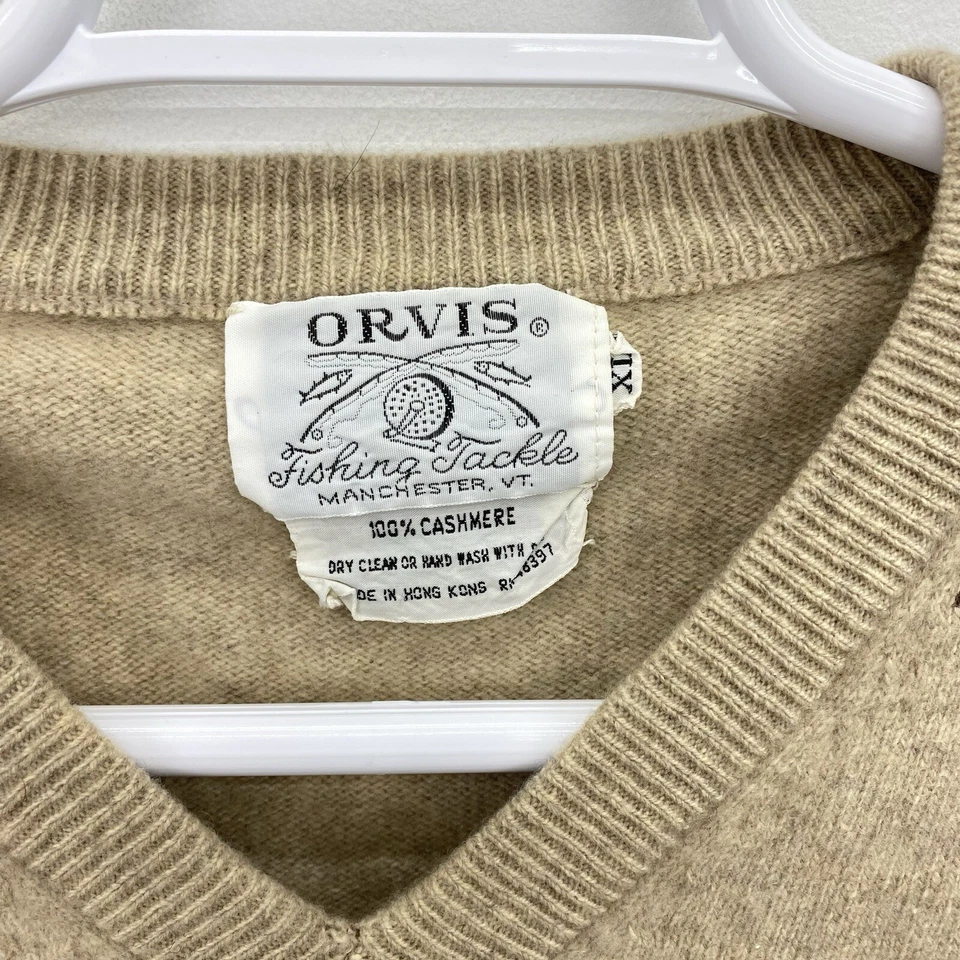 Винтажный мужской свитер Orvis размер XL 100% кашемир 70-е 80-е коричневый V-образный вырез премиум - Изображение 4 из 4