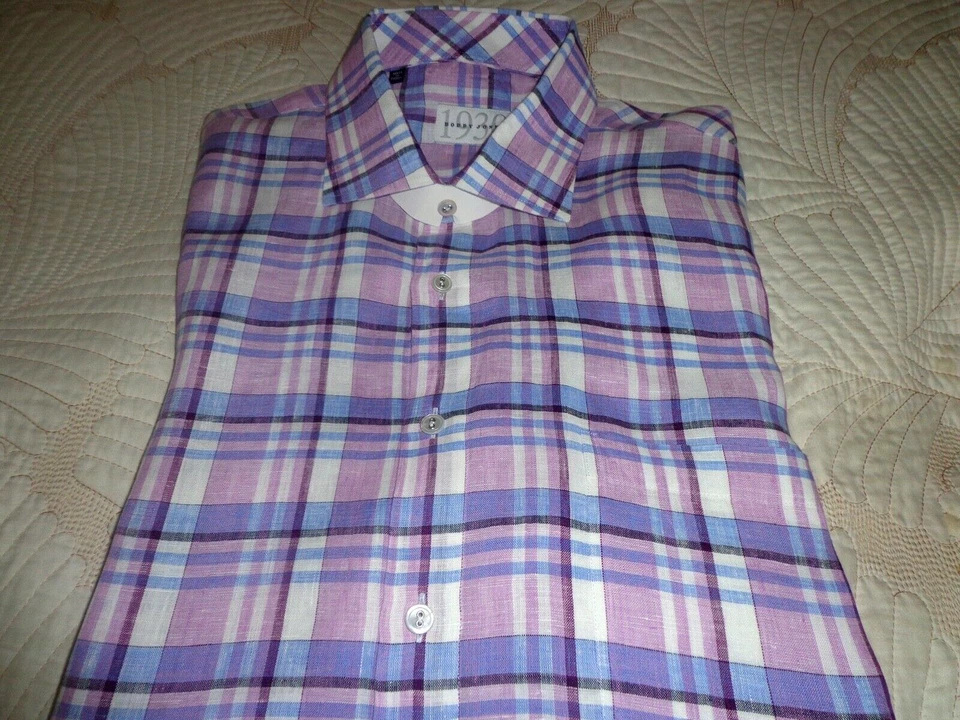 Bobby Jones Shirt 1930 Size XL Lavender Blue Check 100% Linen Made Turkey $129 - Image 3 of 4