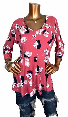 Roz & Ali L Top Stretch Floral Low V Cut Blouse 3/4 Slvs Shirt Loose Fit Pink