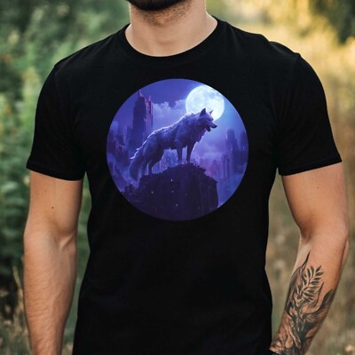 Mens Wolf Full Moon Night Motif Cotton T-Shirt Size XS to 5XL