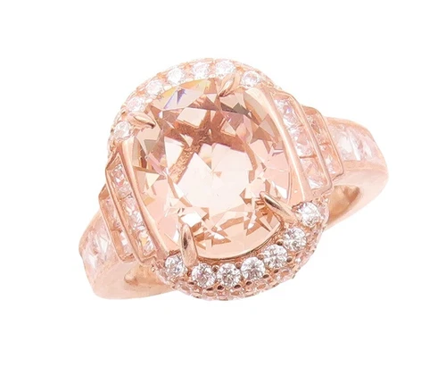 925 Sterling Silver Vintage Ring Rose Gold Plated Morganite & CZ  Sz 7  RG30172