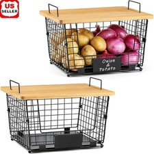 XXL Wire Basket W/ Bamboo Lid Stackable Storage Organizer Kitchen Bathroom New