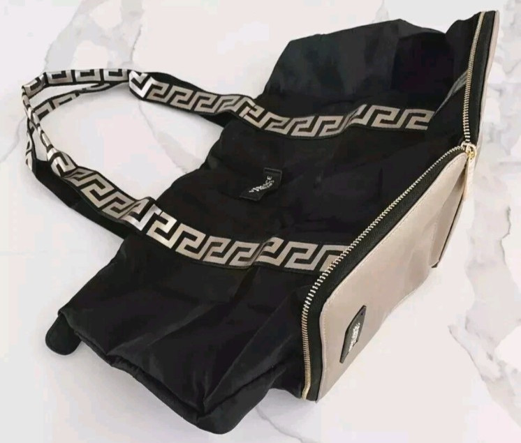 Versace Parfums Folding Tote Travel Bag Womens 7"x7" Zip Logo Beige Black image 6