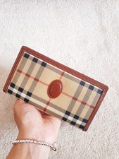 Burberry Women Vintage Beige Brown Check Tartan Leather Haymarket Wallet Purse